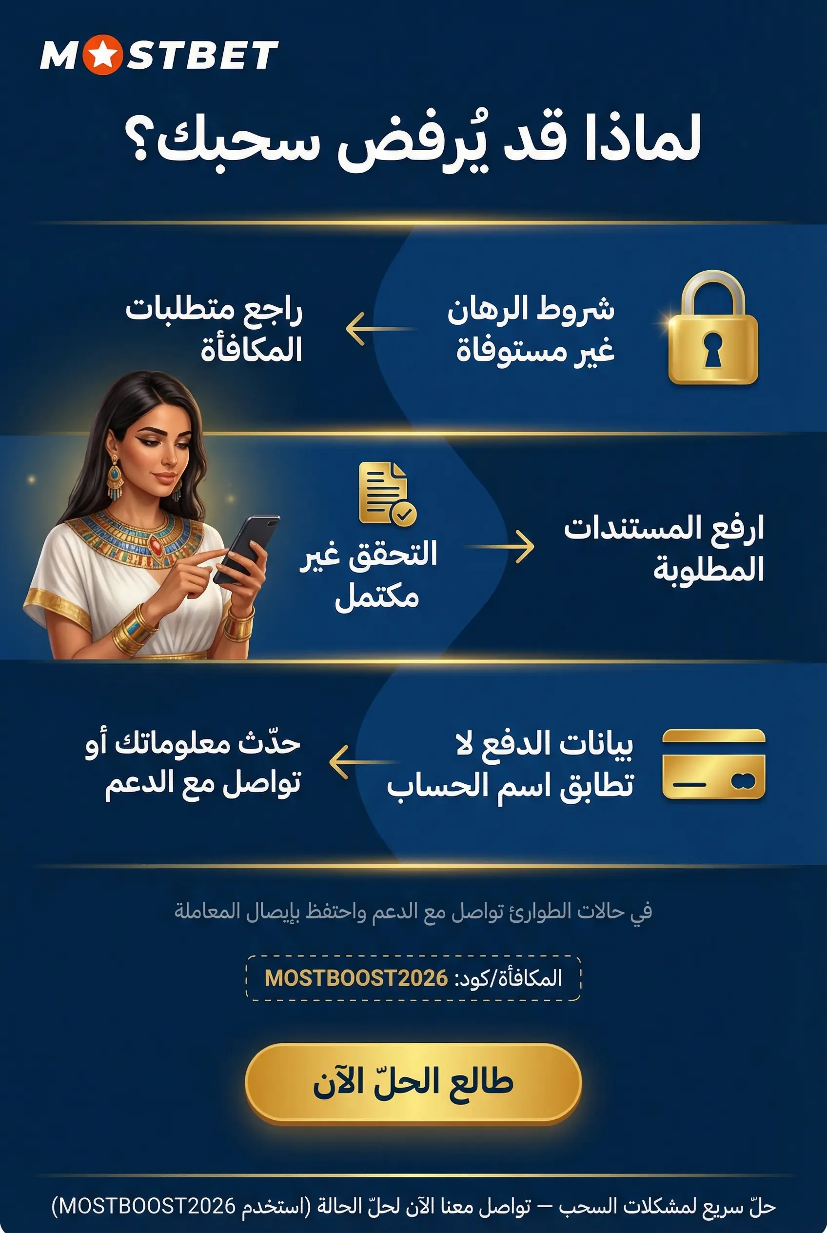 صورة توضيحية لأسباب رفض السحب في Mostbet